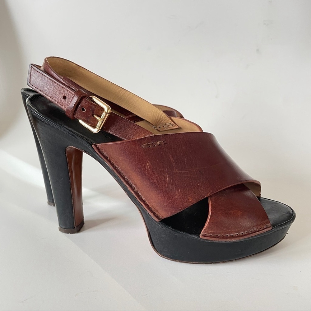 L’autre Chose Brown Leather Criss-Cross Sandle High Heel Clog Platform 7.5 - Picture 4 of 10
